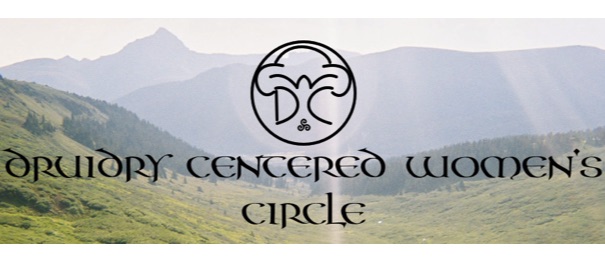 A Colorado green mountain valley with peaks silhouetted in the background. The DCWC logo and the text 'Druidry Centered Women's Circle'