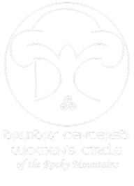 The DCWC logo, white on a green background. A tree in a circle with a triple spiral at the roots. Text: 'Druidry Centered Women's Circle of the Rocky Mountains' 